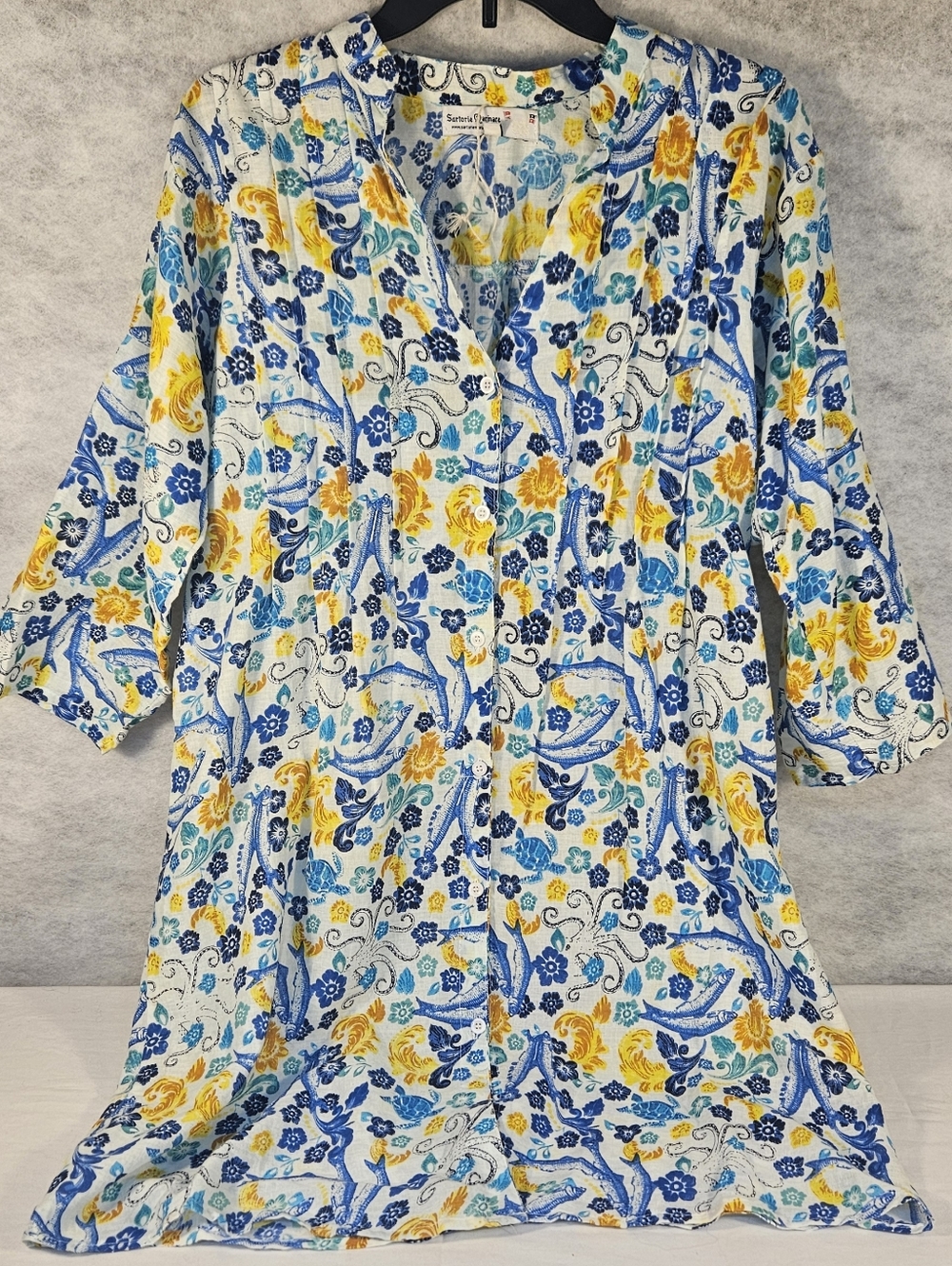 Floral V-Neck Tunic Dress in White with Blue & Yellow Print